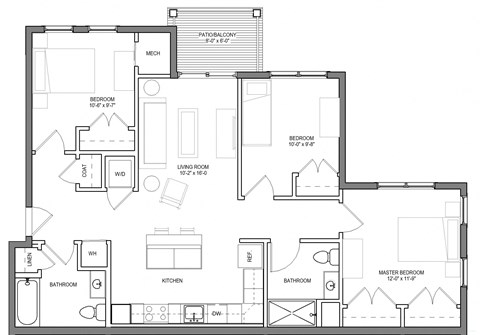 Floor plan for 3 beds, 2 baths, 1071 sqft